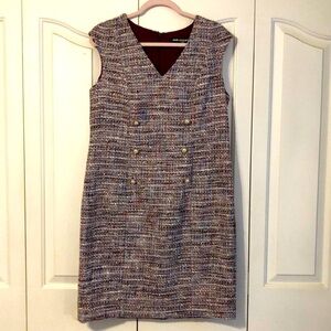 Karl Lagerfeld Multi Color Silver Metallic Pearl Buttons Tweed Shift Dress Sz 12